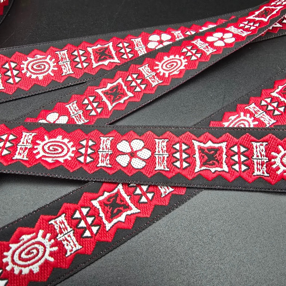 Red Black White Geometric Tribal Jacquard Ribbon Trim Oriental 1" Wide